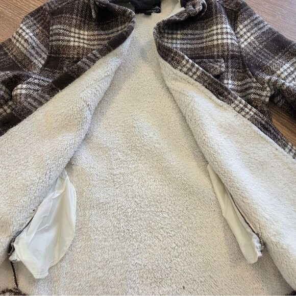Distortion Men's Plaid Sherpa Hoodie Jacket Brown & White Size S Cozy Warm Fall - Picture 7 of 9
